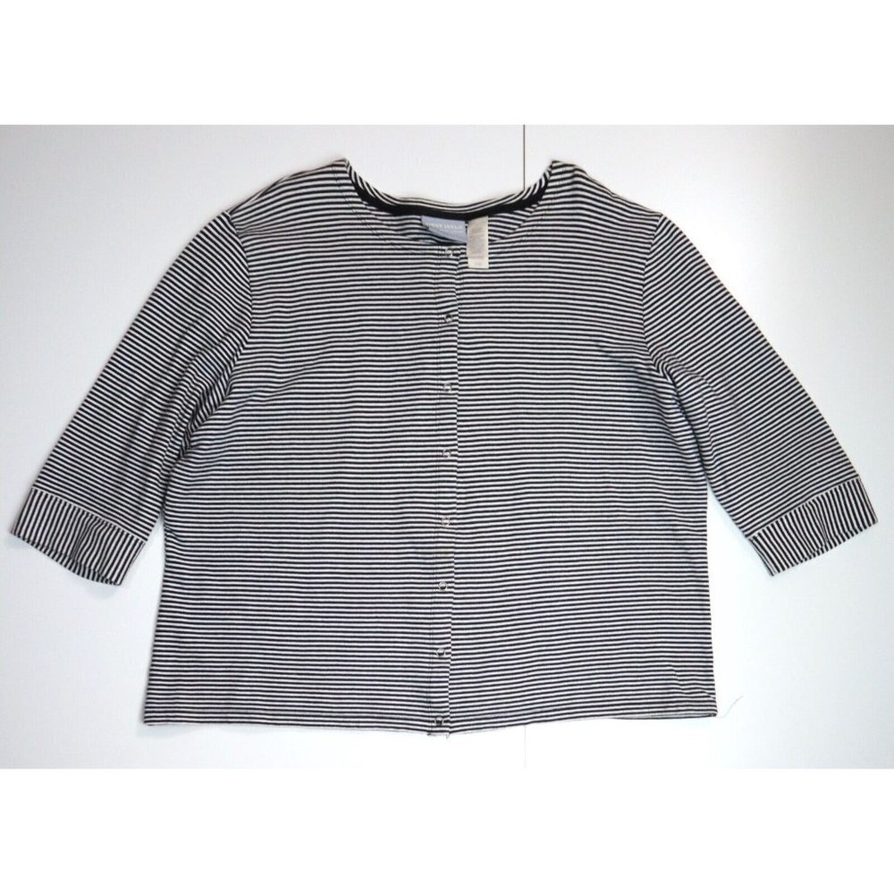 WOMEN'S BLACK & WHITE STRIPED 3/4 SLEEVE STRETCH KNIT CARDIGAN SWEATER - SIZE 2X